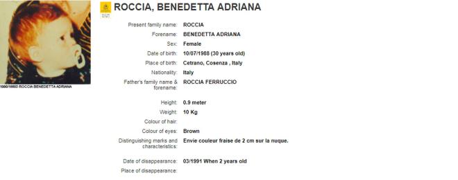 Benedetta Adriana Roccia, scomparsa nel 1990 a 2 anni