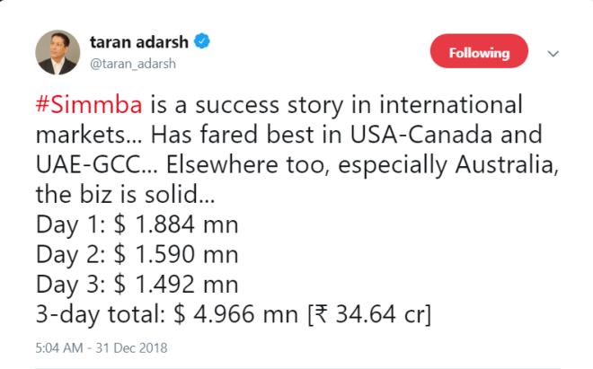 'Simmba' does very well overseas at the box-office
