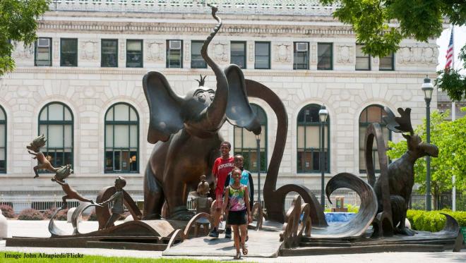 Dr Seuss statues, 21 Edwards St, Springfield, Massachusetts, USA