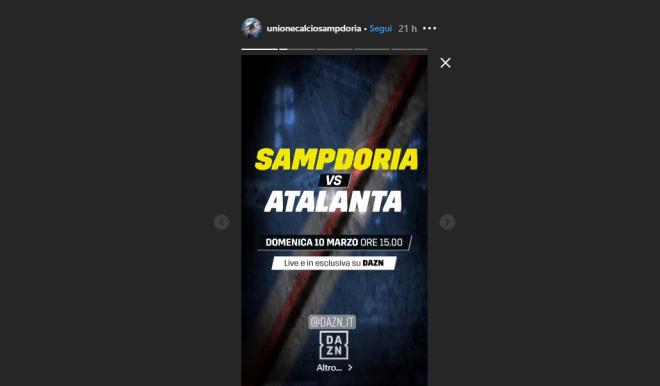 Sampdoria-Atalanta su DAZN