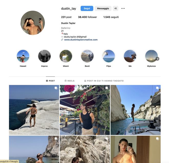 Qual &egrave; il profilo Instagram di Dustin Taylor?