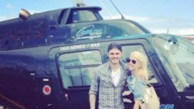 Mauro Icardi e Wanda Nara in elicottero (twitter)