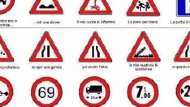 Segnali stradali in un cartello di Scuola Guida