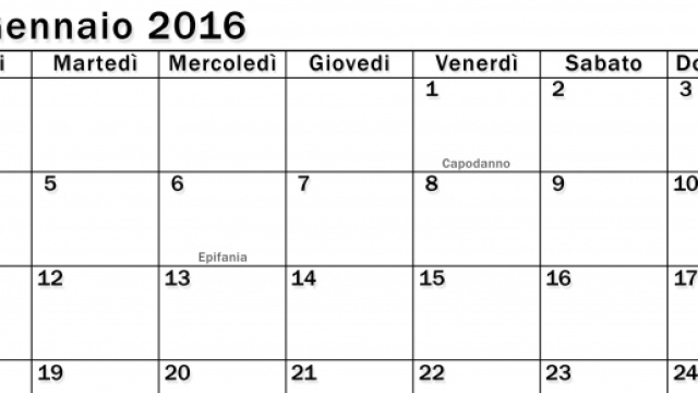Gennaio 2016 riportato in calendario