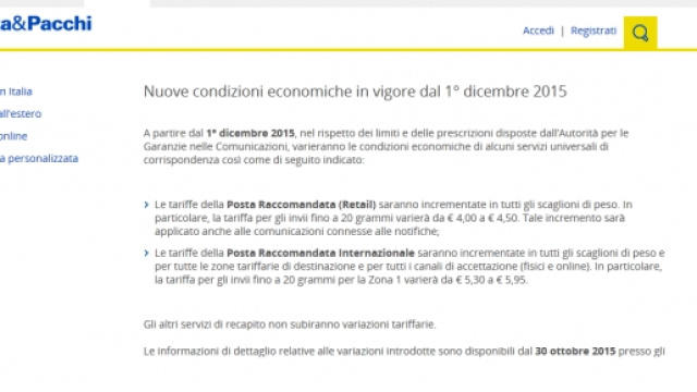 Aumenti tariffe Poste Italiane dicembre 2015