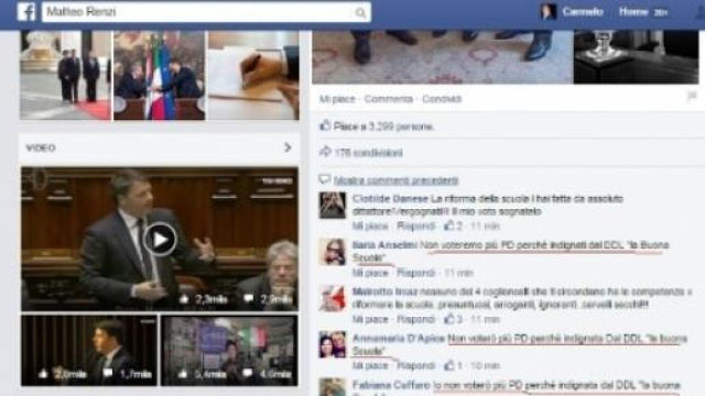 Il profilo Facebook del Premier Matteo Renzi. 