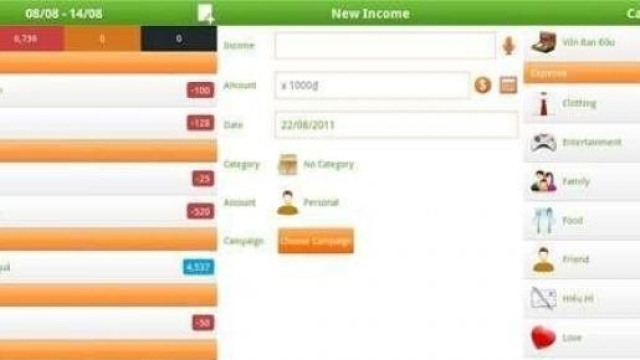 Interfaccia dell'app Android Money Lover