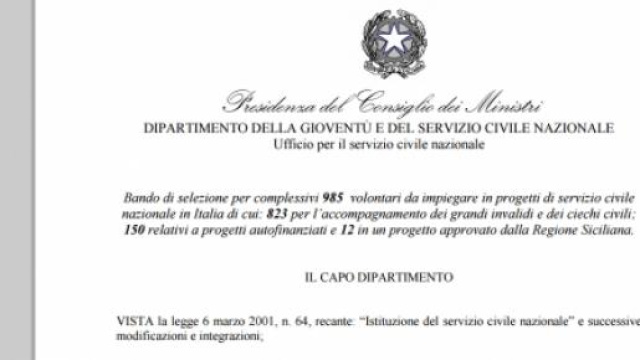 Servizio Civile Nazionale: bando per 985 volontari