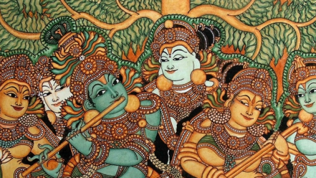 Krishna suona il flauto, pitture murali del Kerala