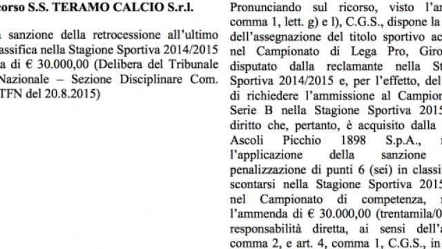 La sentenza che condanna il Teramo alla Lega Pro