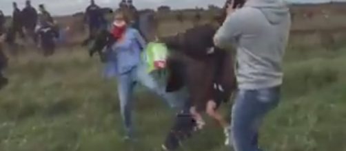 La periodista h&uacute;ngara, zancadillea a padre e hijo