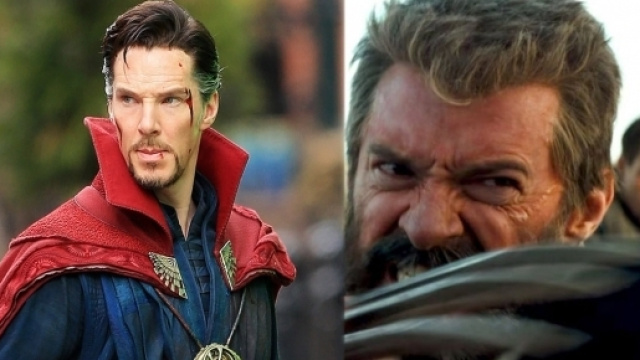 A sinistra Cumberbatch nei panni di Strange, a destra Jackman come un invecchiato Logan