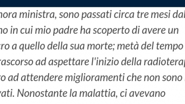 Uno stralcio della lettera inviata da Patrizio Cairoli alla Lorenzin