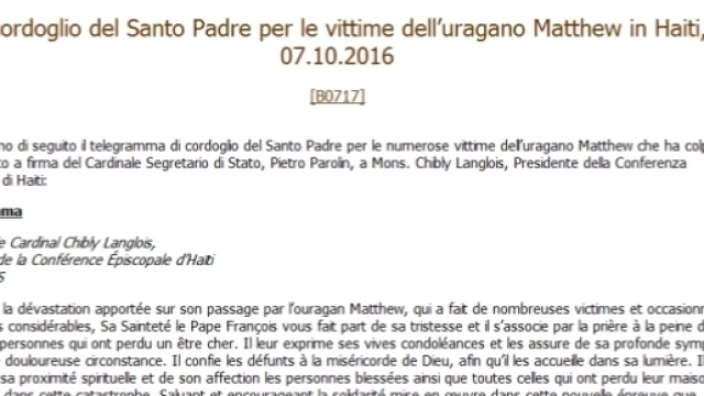 Il telegramma inviato dal Vaticano