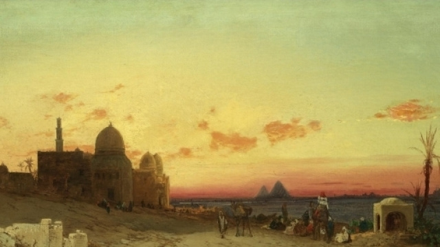 Hermann Corrodi "View of the tomb of the caliphs with the pyramids of Giza beyond"