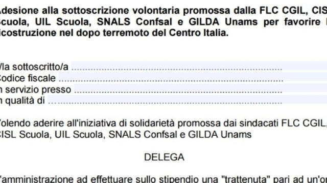 Modulo donazione scuole per le vittime del terremoto.