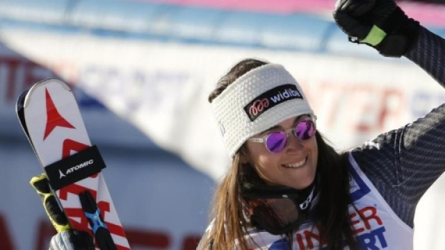 Sci alpino: Sofia Goggia durante i festeggiamenti di un suo podio.