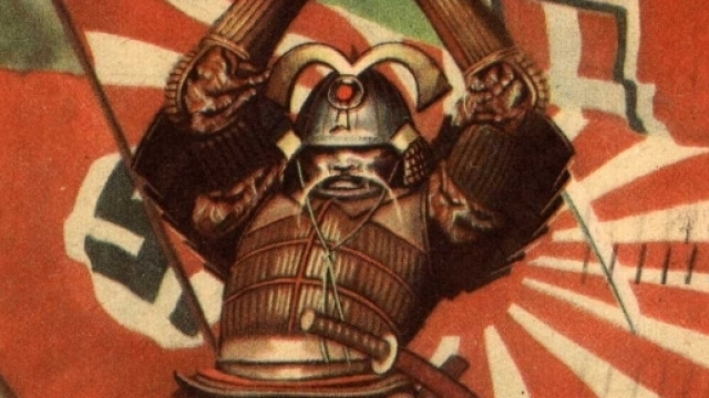 Cartolina ministeriale italiana del 1941 celebrante l'attacco giapponese alle Hawaii e il Patto tripartito.