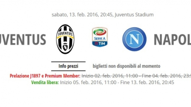 Juventus-Napoli 13 febbraio 2016, biglietti