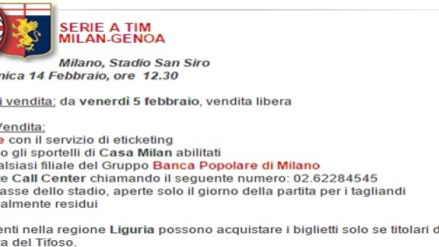 Biglietti Milan-Genoa del 14 febbraio 2016