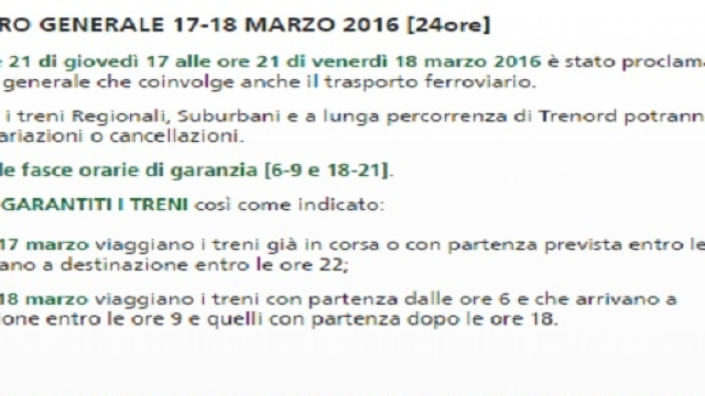 Sciopero treni Trenord 17-18 marzo 2016