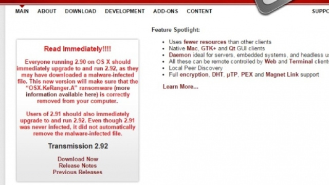 Il sito di transmission con l'avviso del virus.