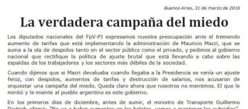 Comunicado oficial del Frente para la Victoria