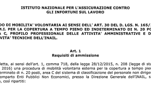 Bando di concorso dell&rsquo;Inail per 20 posti