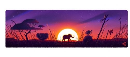 Um dos doodles do Google traz um elefante acompanhado do p&ocirc;r do sol.