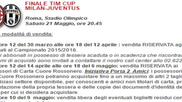 Biglietti finale Coppa Italia 2015-2016 Milan-Juve