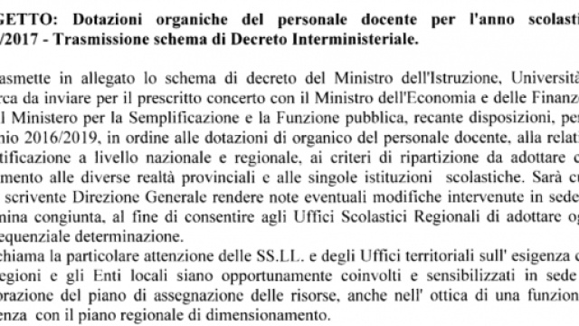 Organici Miur 2016/17: nota e criteri generali