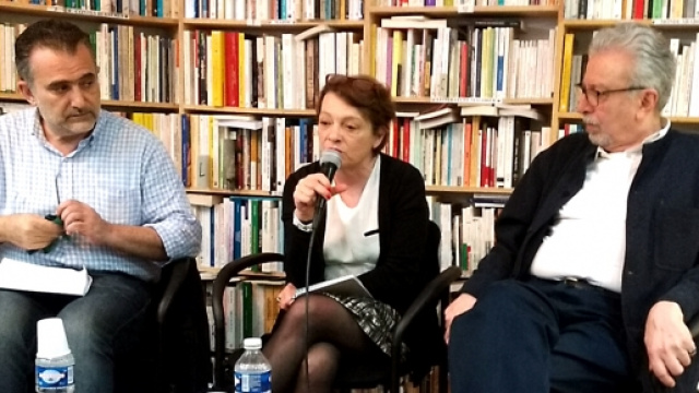 De g. &agrave; d. : Salam Kawakibi, Hala Kodmani et Farouk Mardam Bey. (Photo : Bernard Henry)