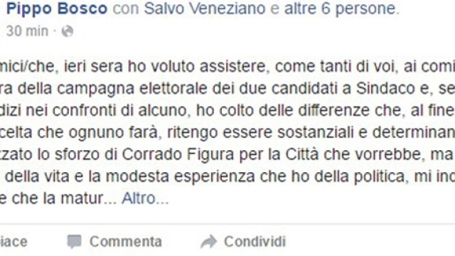 Pippo Bosco, candidato alle ultime comunali, rompe il silenzio elettorale del sabato.