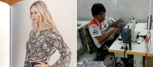 Cat&aacute;logo (&agrave; esquerda) mostra roupa com a mesma estampa encontrada na oficina (&agrave; direita). Foto: Montagem (Piero Locatelli e MTPS)