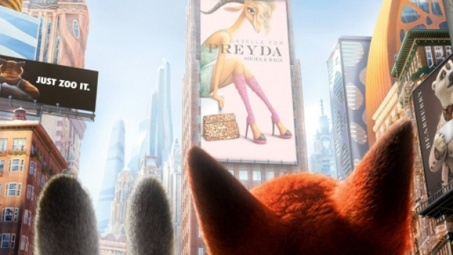 Judy e Nick in mezzo ai cartelloni pubblicitari di Zootropolis.