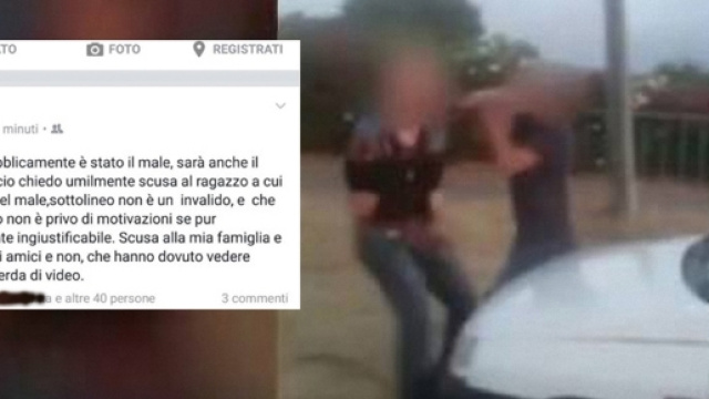 A sinistra il post di scuse di Bachisio Angius, a destra un'immagine dell'aggressione.