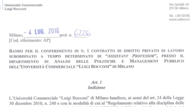 Bando di concorso per 4 assistant professor