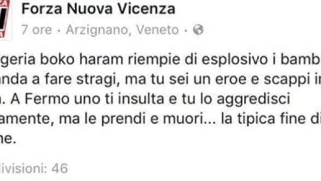 Vicenza, Forza Nuova su Fb: &laquo;Emmanuel verme&raquo;. Post tolto e ... - vvox.it