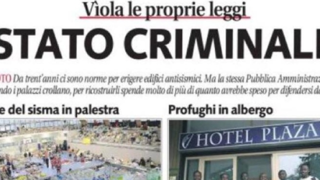 Prima pagina del quotidiano Libero di Vittorio Feltri, 26 agosto 2016