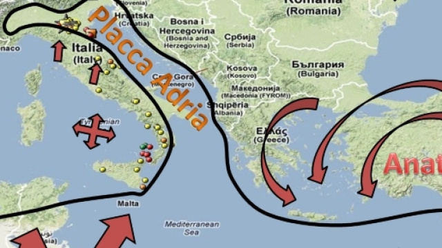 In questo disegno possiamo vedere delineate la placca Africana e la placca Eurasiatica che danno origine alla microplacca Adriatica o Adria