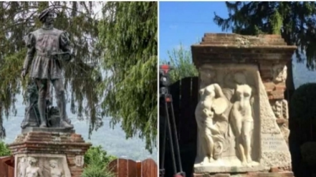 la statua di Cola dell'Amatrice prima e dopo il sisma