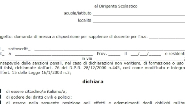 Domanda di messa a disposizione per supplenze 2016/17