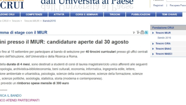 Tirocini Miur retribuiti, scadenza 15/09