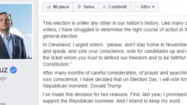 La dichiarazione di Ted Cruz, attraverso Facebook