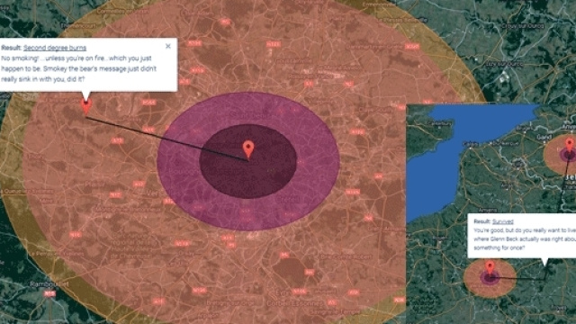 Simulation sur Paris et Bruxelles des d&eacute;g&acirc;ts d'une bombe atomique de 57 Mt. Melun est juste en p&eacute;riph&eacute;rie du rayon depuis Paris.