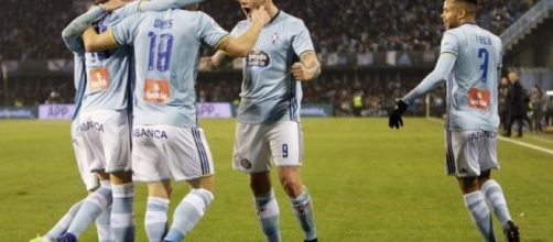 Los jugadores del Celta de Vigo celebran el &uacute;ltimo gol de Wass. Foto: EFE