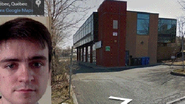 La Grande Mosqu&eacute;e de Qu&eacute;bec, et en insert, une photo d'Alexandre Bissonnette issue de sa page Facebook