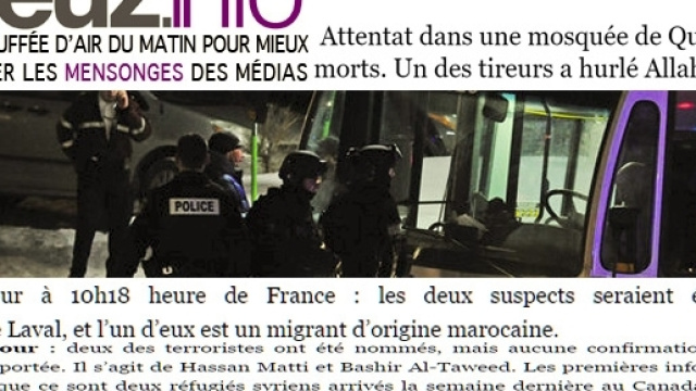 Si les nationalistes qu&eacute;b&eacute;cois d&eacute;plorent l'attentat de la mosqu&eacute;e de Qu&eacute;bec, des sites fran&ccedil;ais l'attribuent d&eacute;j&agrave; &agrave; des djihadistes musulmans
