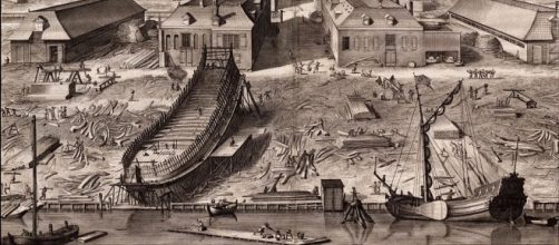 1726 engraving of the shipyard of the Dutch East India Company, by Joseph Mulder / Stadsarchief Amsterdam, Wikimedia Commons Public Domain