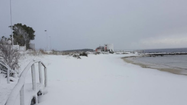 Una spiaggia a Porto Cesareo coperta di neve